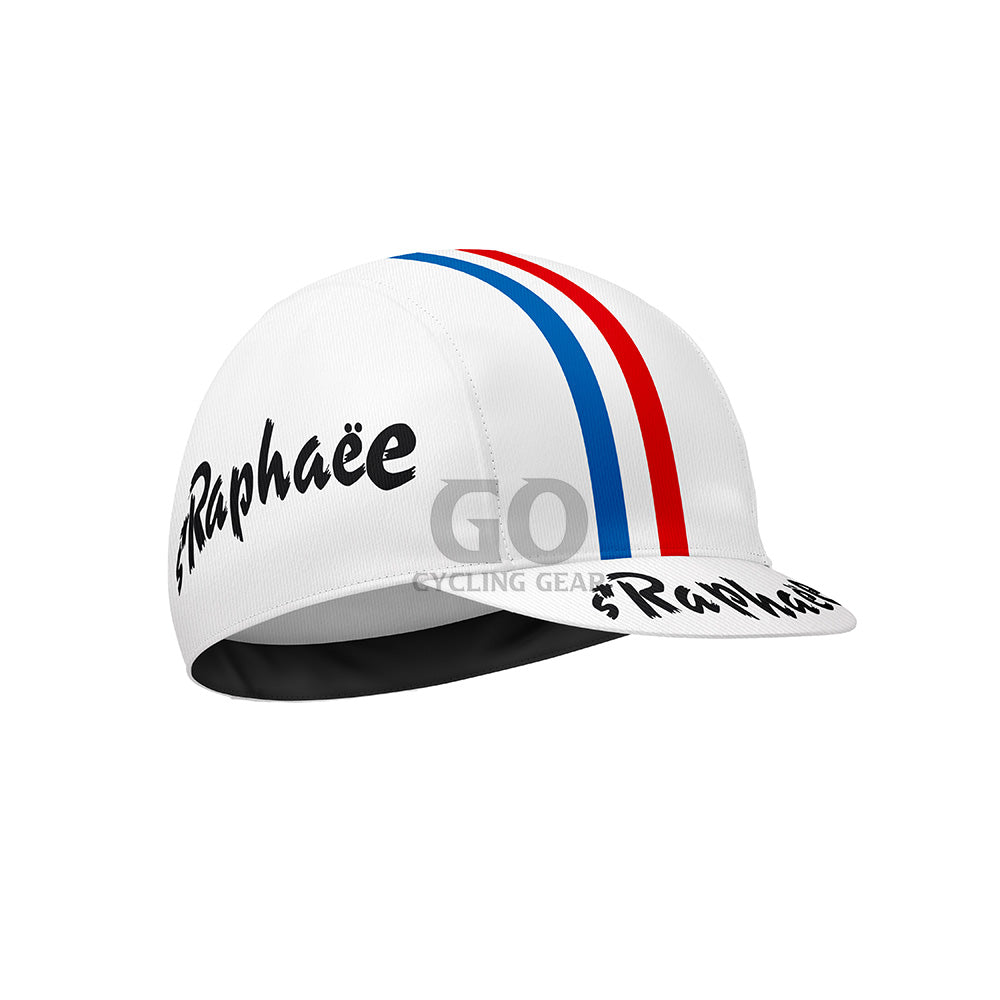 White cycling cap with red, blue, and black design on a white background