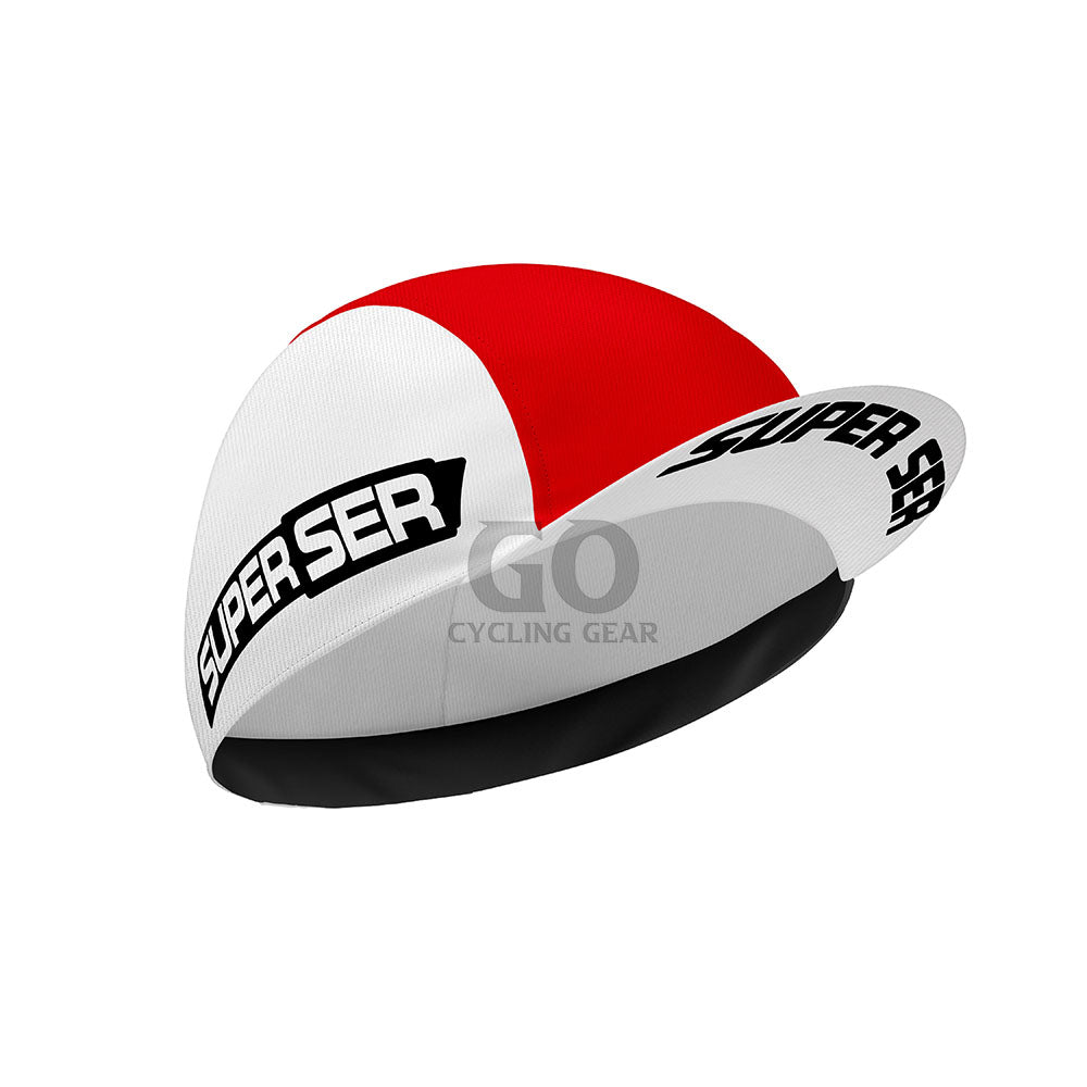 Red, white, and black cycling cap with 'Super Ser' branding on a white background
