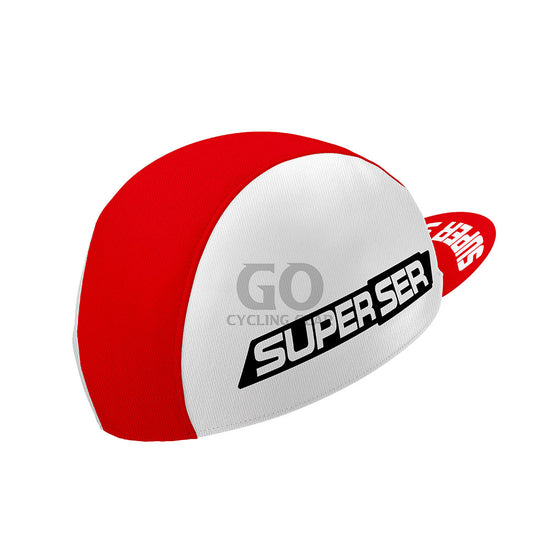 Red and white cycling cap with 'Super Ser' branding on a white background