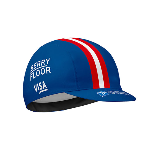 US Postal Service Retro Cycling cap front view on white background. Classic navy blue cycling cap with vintage USPS logo and multicolor stripe. Official retro team cap reproduction.