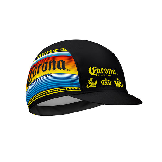 Black cap with colorful 'Corona' branding 
