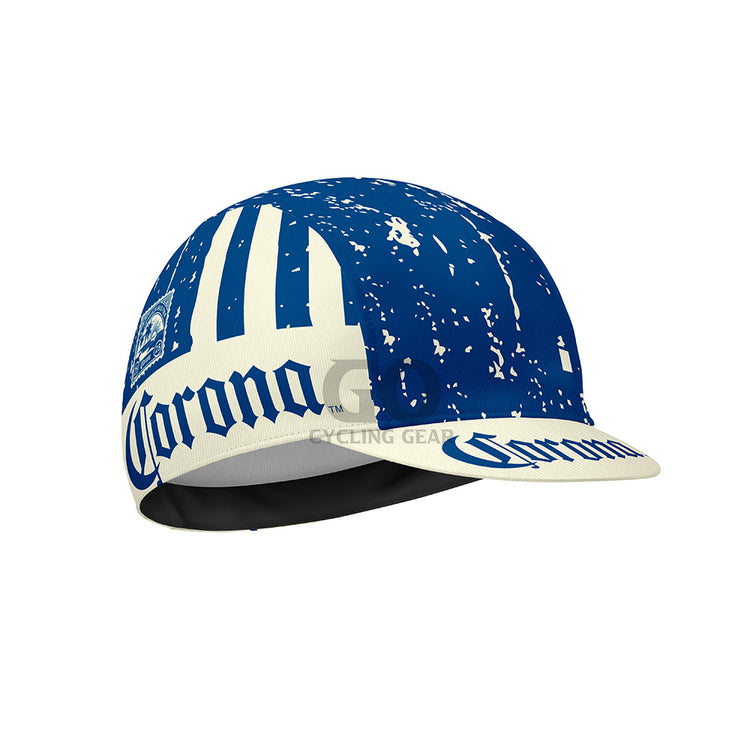 Blue and white cycling cap with Corona branding on a white background