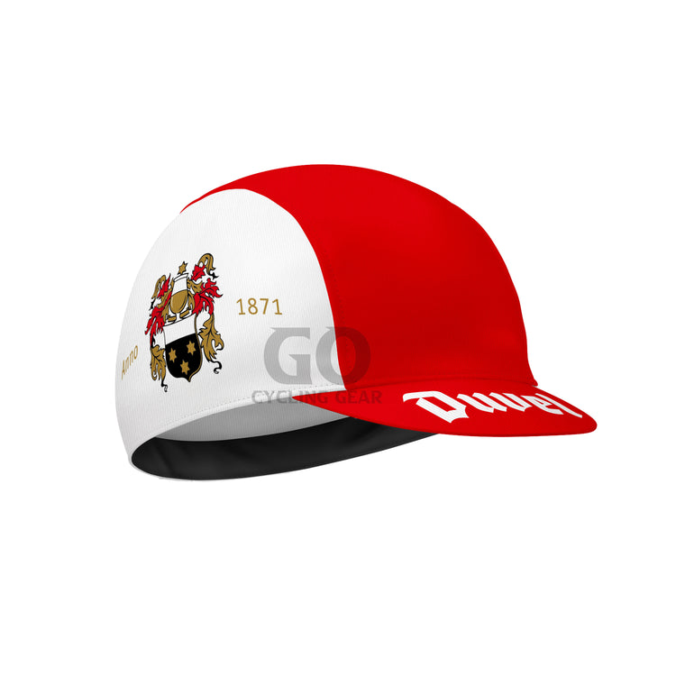 Red and white cycling cap with DUVEL text 