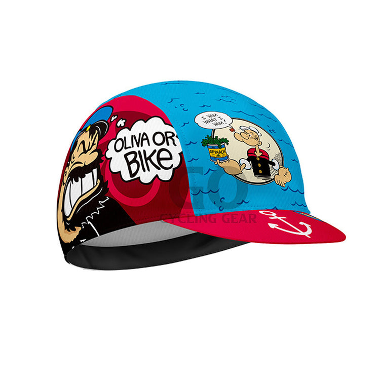 Colorful cap with cartoon characters and text on a white background
