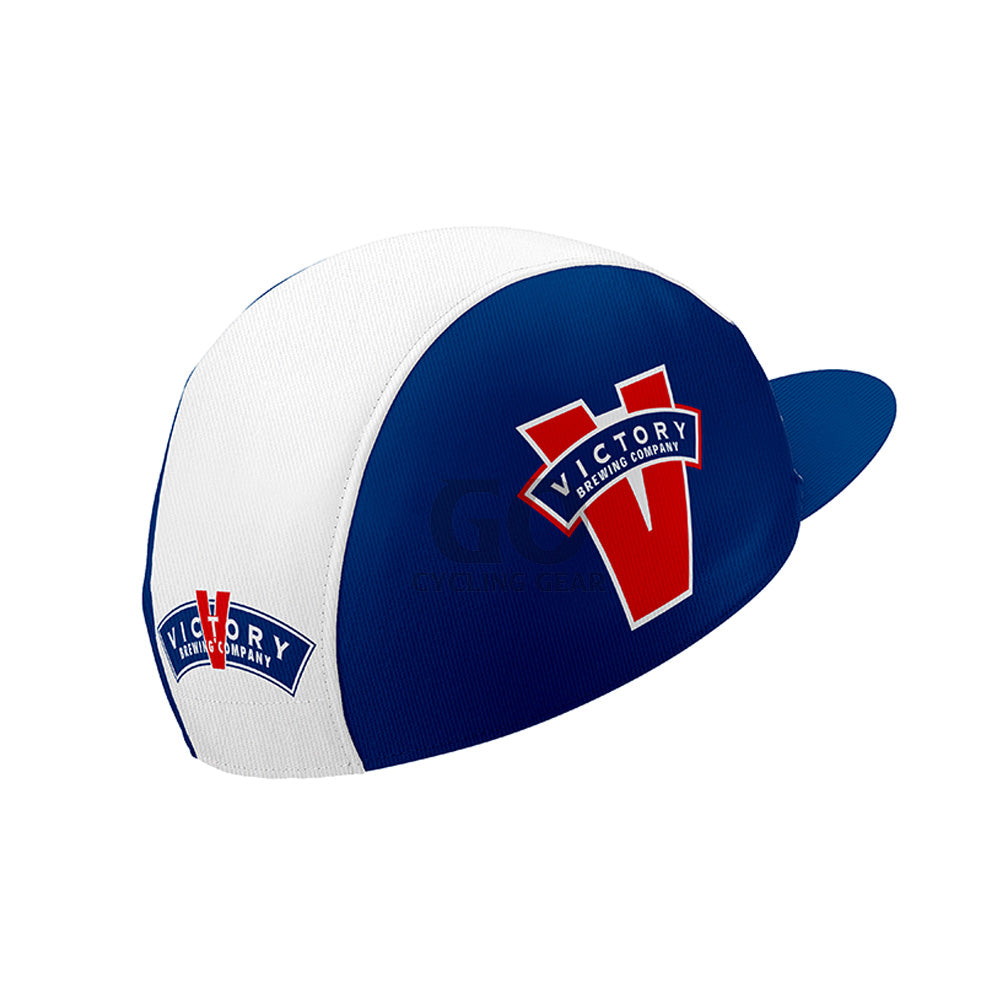 Blue and white cap with Victory Brewing Company logo on a white background