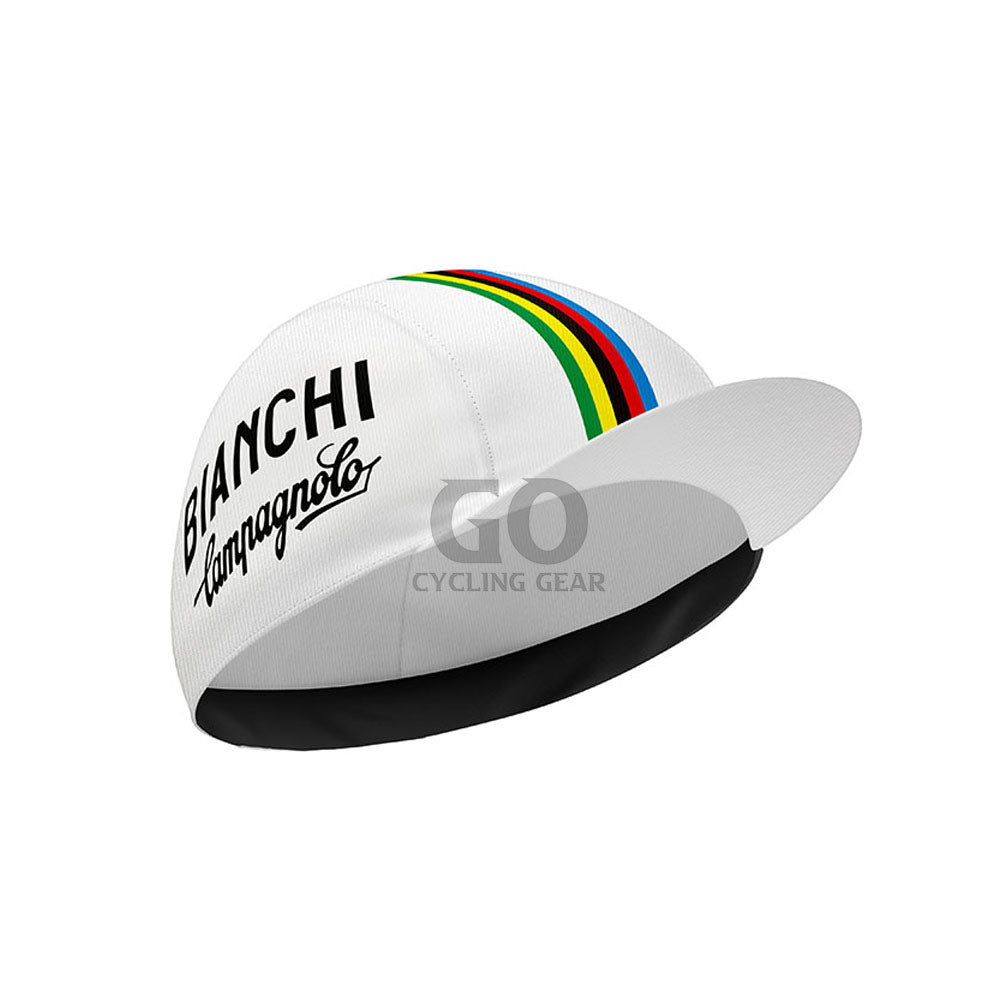 White Bianchi Campagnolo cycling cap with multicolor stripe detail and traditional cycling brim