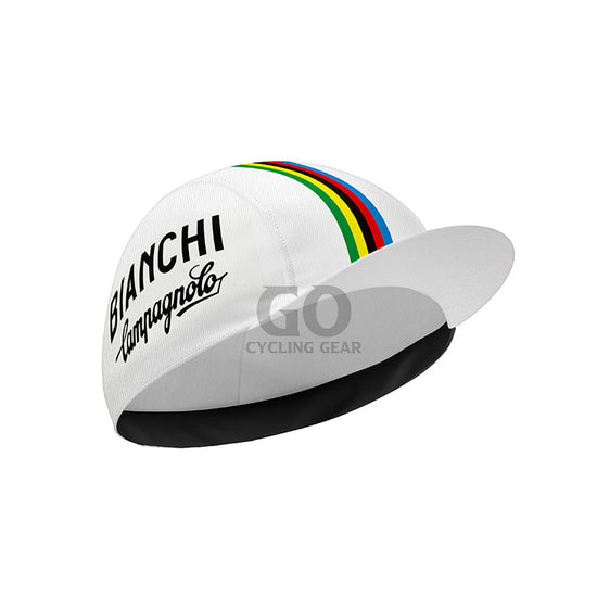 White Bianchi Campagnolo cycling cap with multicolor stripe detail and traditional cycling brim
