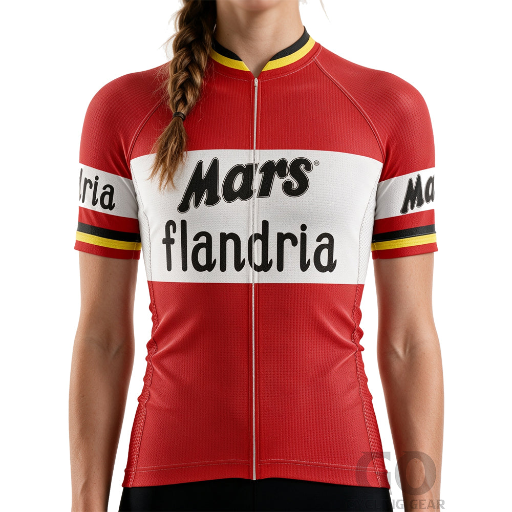 Close-up of Mars Flandria retro cycling jersey featuring "Mars" and "Flandria" graphics on the front panel.