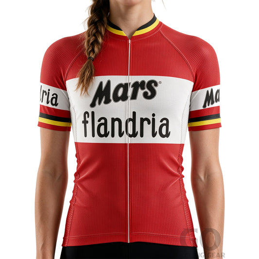 Close-up of Mars Flandria retro cycling jersey featuring "Mars" and "Flandria" graphics on the front panel.