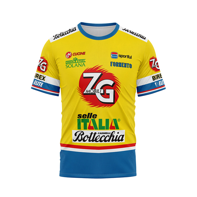 Front view of a yellow and blue cycling jersey with numerous sponsor logos. Prominent logos include 'ZG MOBILI' in a large red and white emblem on the chest, 'GM CUCINE GREEN STEEL SOLANA' and 'sportful FORMENTO' on the upper chest. 'Selle Italia' and 'Bottecchia' are visible towards the bottom. The sleeves also display logos like 'BIREX ELITE'.