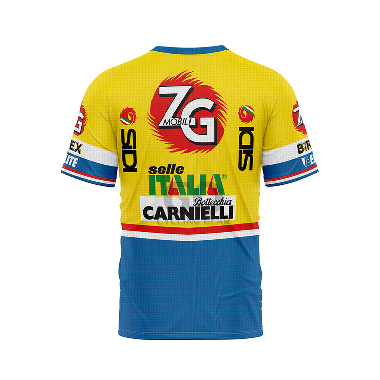 Back view of a yellow and blue cycling jersey. A large 'ZG MOBILI' emblem is central on the upper back. 'Selle Italia' and 'CARNIELLI' logos are prominently displayed below. Other smaller sponsor logos like 'SDI' are visible on the sides of the back