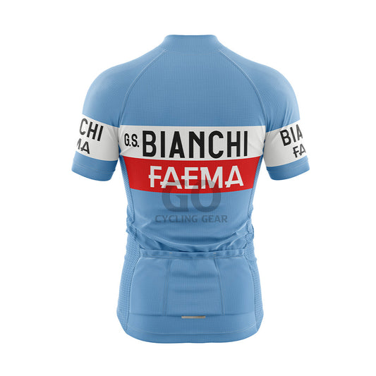 back view of a light blue short-sleeved cycling jersey. It displays a horizontal white and red band across the upper back. The white band shows "G.S. BIANCHI" in black, and the red band below it has "FAEMA" in white capitalized letters. Three pockets are visible on the lower back, and the sleeves feature white bands with "BIANCHI FAEMA" in black.