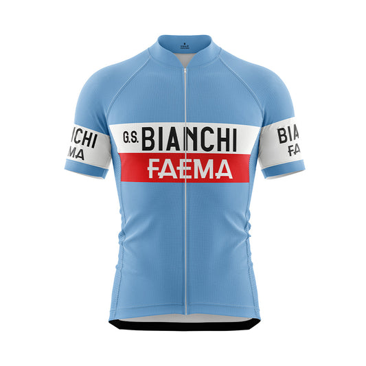 Front view of a light blue short-sleeved cycling jersey with a full-length zipper. It features a horizontal white and red band across the chest. The white band has "G.S. BIANCHI" in black, and the red band below it has "FAEMA" in white capitalized letters. The sleeves have white bands with "BIANCHI FAEMA" in black.
