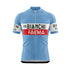 Front view of a light blue short-sleeved cycling jersey with a full-length zipper. It features a horizontal white and red band across the chest. The white band has "G.S. BIANCHI" in black, and the red band below it has "FAEMA" in white capitalized letters. The sleeves have white bands with "BIANCHI FAEMA" in black.
