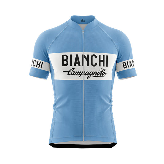 Front view of a light blue short-sleeved cycling jersey with a full-length zipper. It features a prominent white band across the chest with "BIANCHI" in black capitalized letters and "Campagnolo" in black cursive underneath. The sleeves also have white bands with "BIANCHI" in black text.