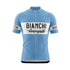 Front view of a light blue short-sleeved cycling jersey with a full-length zipper. It features a prominent white band across the chest with "BIANCHI" in black capitalized letters and "Campagnolo" in black cursive underneath. The sleeves also have white bands with "BIANCHI" in black text.