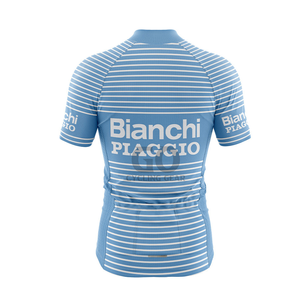 Back view of a light blue short-sleeved cycling jersey with white horizontal stripes. The back features "Bianchi" and "PIAGGIO" in white capitalized letters. Three pockets are visible on the lower back, and the sleeves display "Bianchi PIAGGIO" in white text.
