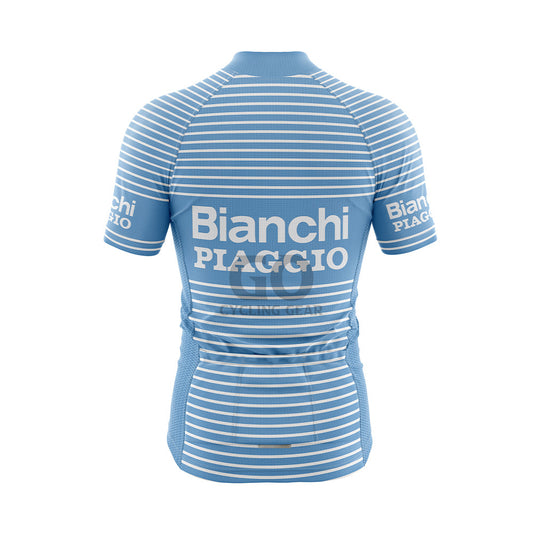 Back view of a light blue short-sleeved cycling jersey with white horizontal stripes. The back features "Bianchi" and "PIAGGIO" in white capitalized letters. Three pockets are visible on the lower back, and the sleeves display "Bianchi PIAGGIO" in white text.
