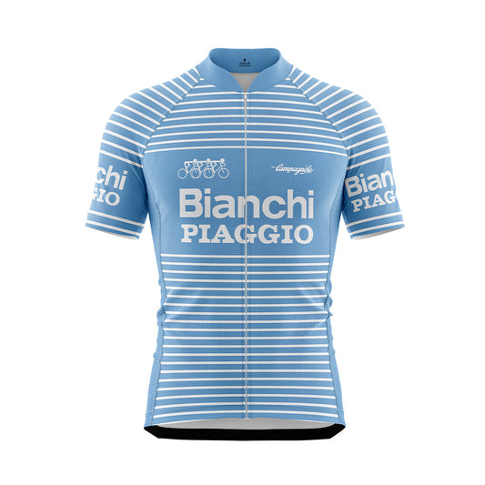 Front view of a light blue short-sleeved cycling jersey with white horizontal stripes and a full-length zipper. The chest features "Bianchi" and "PIAGGIO" in white capitalized letters. Above "Bianchi" on the left , and to the right, "Campagnolo" in white script. The sleeves also have "Bianchi PIAGGIO" in white.