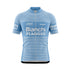 Front view of a light blue short-sleeved cycling jersey with white horizontal stripes and a full-length zipper. The chest features "Bianchi" and "PIAGGIO" in white capitalized letters. Above "Bianchi" on the left , and to the right, "Campagnolo" in white script. The sleeves also have "Bianchi PIAGGIO" in white.