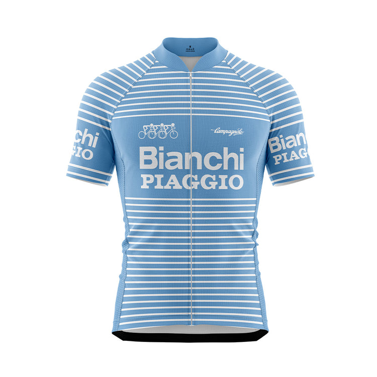 Front view of a light blue short-sleeved cycling jersey with white horizontal stripes and a full-length zipper. The chest features "Bianchi" and "PIAGGIO" in white capitalized letters. Above "Bianchi" on the left , and to the right, "Campagnolo" in white script. The sleeves also have "Bianchi PIAGGIO" in white.