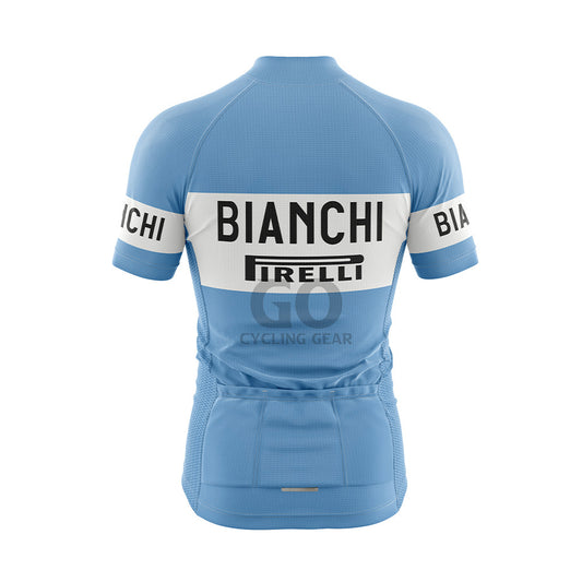 Back view of a light blue short-sleeved cycling jersey. A white horizontal band across the upper back features "BIANCHI" in large black capitalized letters, with a black "PIRELLI" logo underneath. Three pockets are visible on the lower back, and the sleeves display white bands with "BIANCHI" in black text.