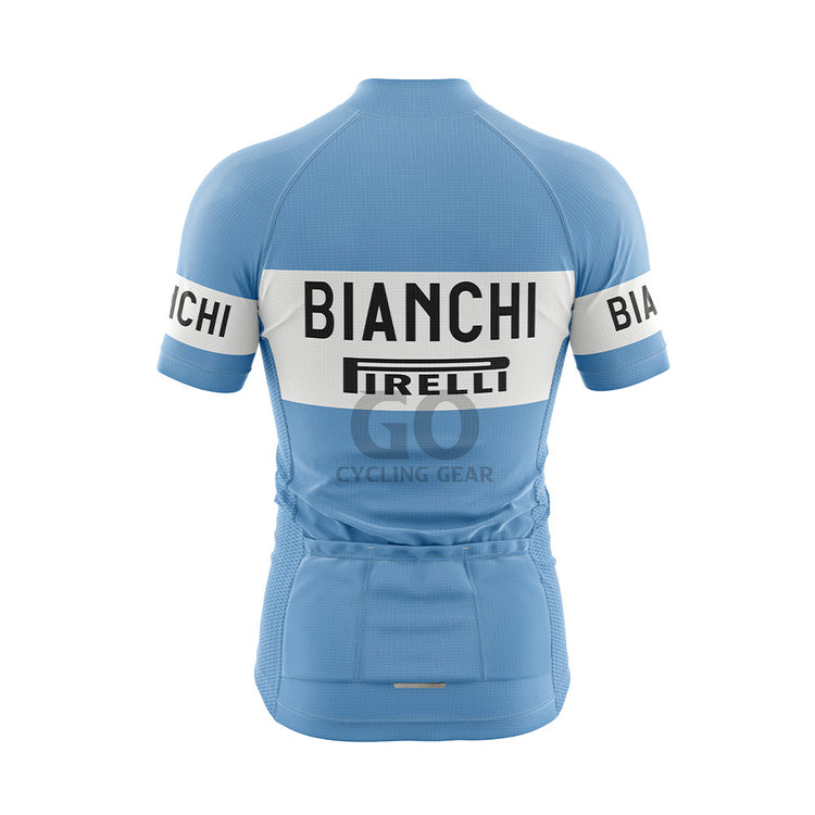 Back view of a light blue short-sleeved cycling jersey. A white horizontal band across the upper back features "BIANCHI" in large black capitalized letters, with a black "PIRELLI" logo underneath. Three pockets are visible on the lower back, and the sleeves display white bands with "BIANCHI" in black text.
