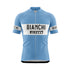 Front view of a light blue short-sleeved cycling jersey with a full-length zipper. A white horizontal band across the chest features "BIANCHI" in large black capitalized letters, with a black "PIRELLI" logo underneath. The sleeves have white bands with "BIANCHI" in black text.
