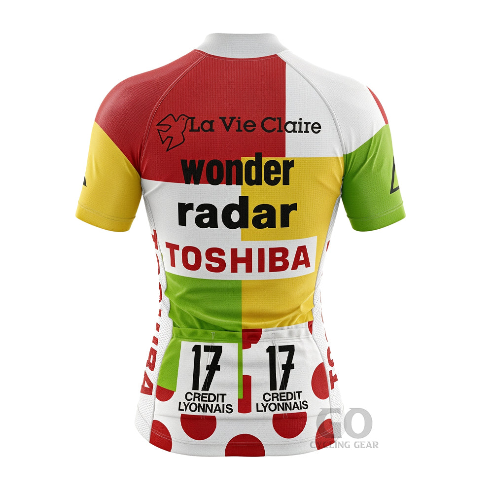 La Vie Claire women's retro cycling jersey back view, Wonder Radar Toshiba tribute jersey with vintage team branding and feminine fit