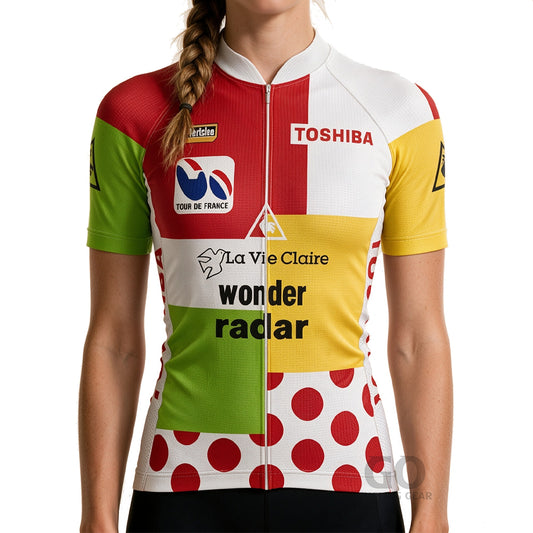 La Vie Claire Wonder Radar women's retro cycling jersey front view, Mondrian art-inspired design with red, yellow, blue color-blocking and 1980s team graphics