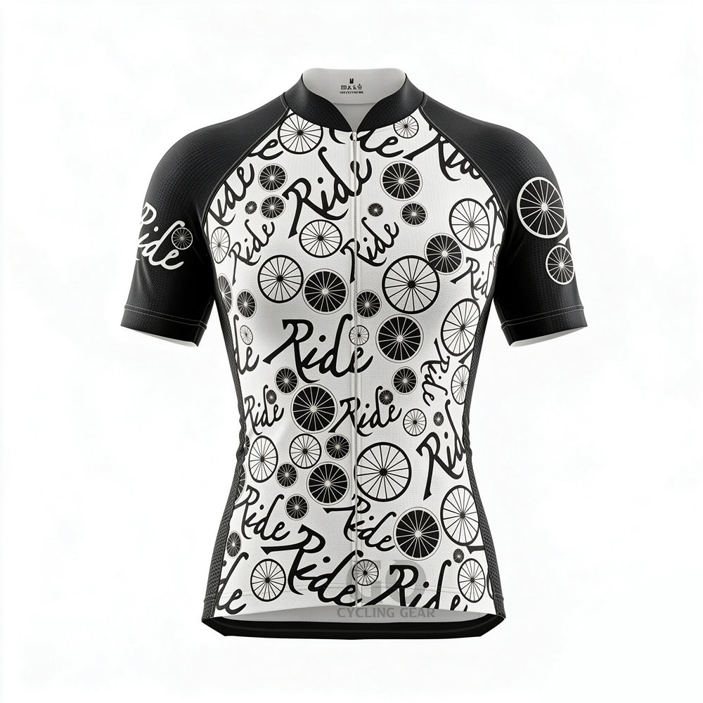 Front view of Ride Repeat cycling jersey with full repeating "Ride" text graphic, ideal for road cycling and casual wear.