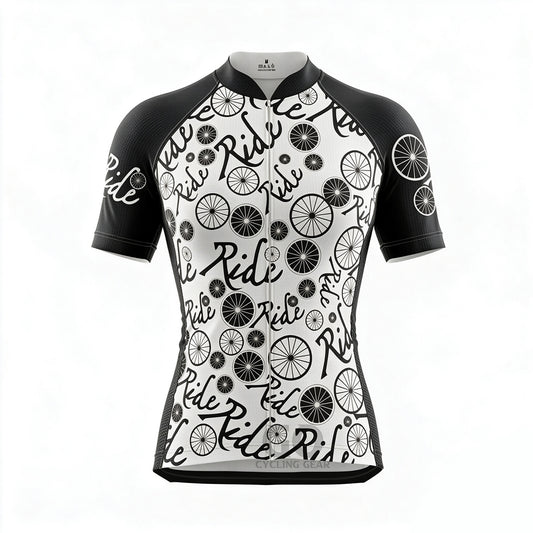Front view of Ride Repeat cycling jersey with full repeating "Ride" text graphic, ideal for road cycling and casual wear.