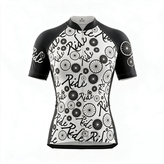 Front view of Ride Repeat cycling jersey with full repeating "Ride" text graphic, ideal for road cycling and casual wear.