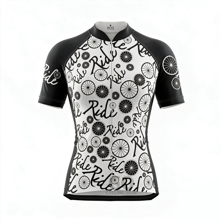 Front view of Ride Repeat cycling jersey with full repeating "Ride" text graphic, ideal for road cycling and casual wear.