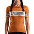 San Pellegrino women's retro cycling jersey front view, orange and white 1950s Italian team tribute design with Gino Bartali era graphics