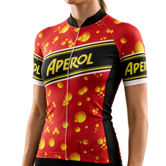 Women's Aperol short sleeve cycling jersey front view, breathable athletic fit with bold graphic lettering for road cycling.