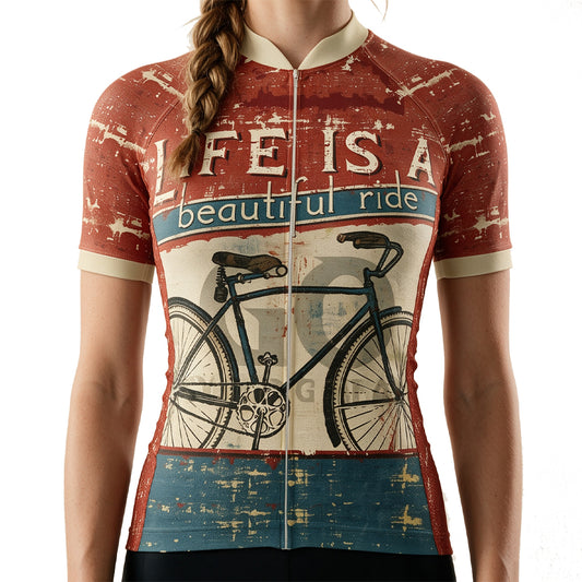 Close-up of Life Is Beautiful Ride cycling jersey showing "FEISA" and "beautifulride" lettering on the front panel.
