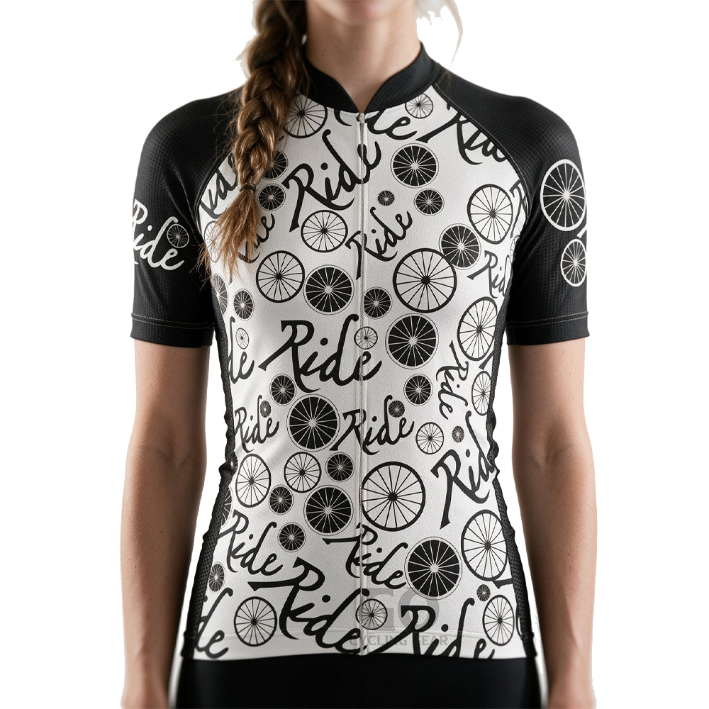 Close-up of Ride Repeat cycling jersey showing repeated "Ride" text pattern in minimalist design on the front panel.