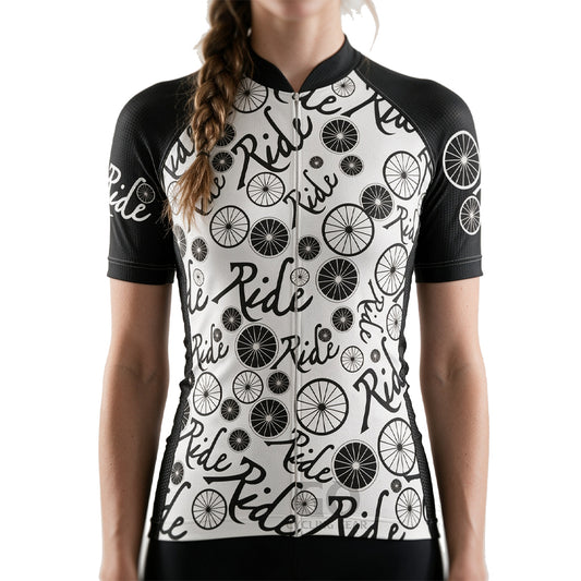 Close-up of Ride Repeat cycling jersey showing repeated "Ride" text pattern in minimalist design on the front panel.