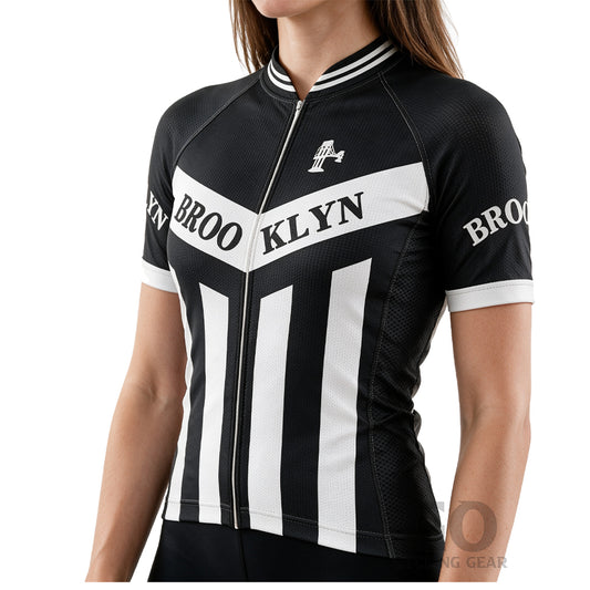 Women's Brooklyn cycling jersey in black, classic fit with bold lettering for urban riding.

